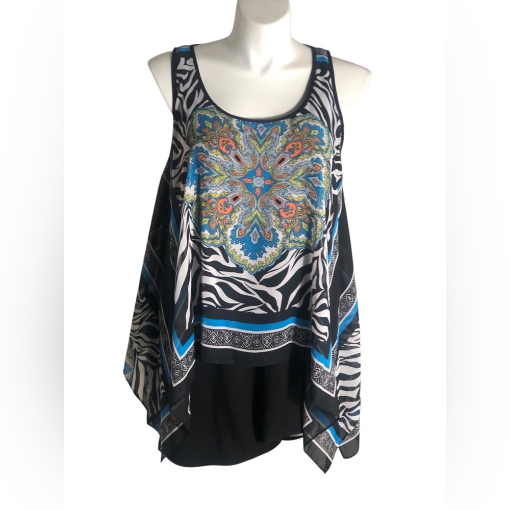 SLNY asymmetrical layered mixed print tunic tank Sz 16